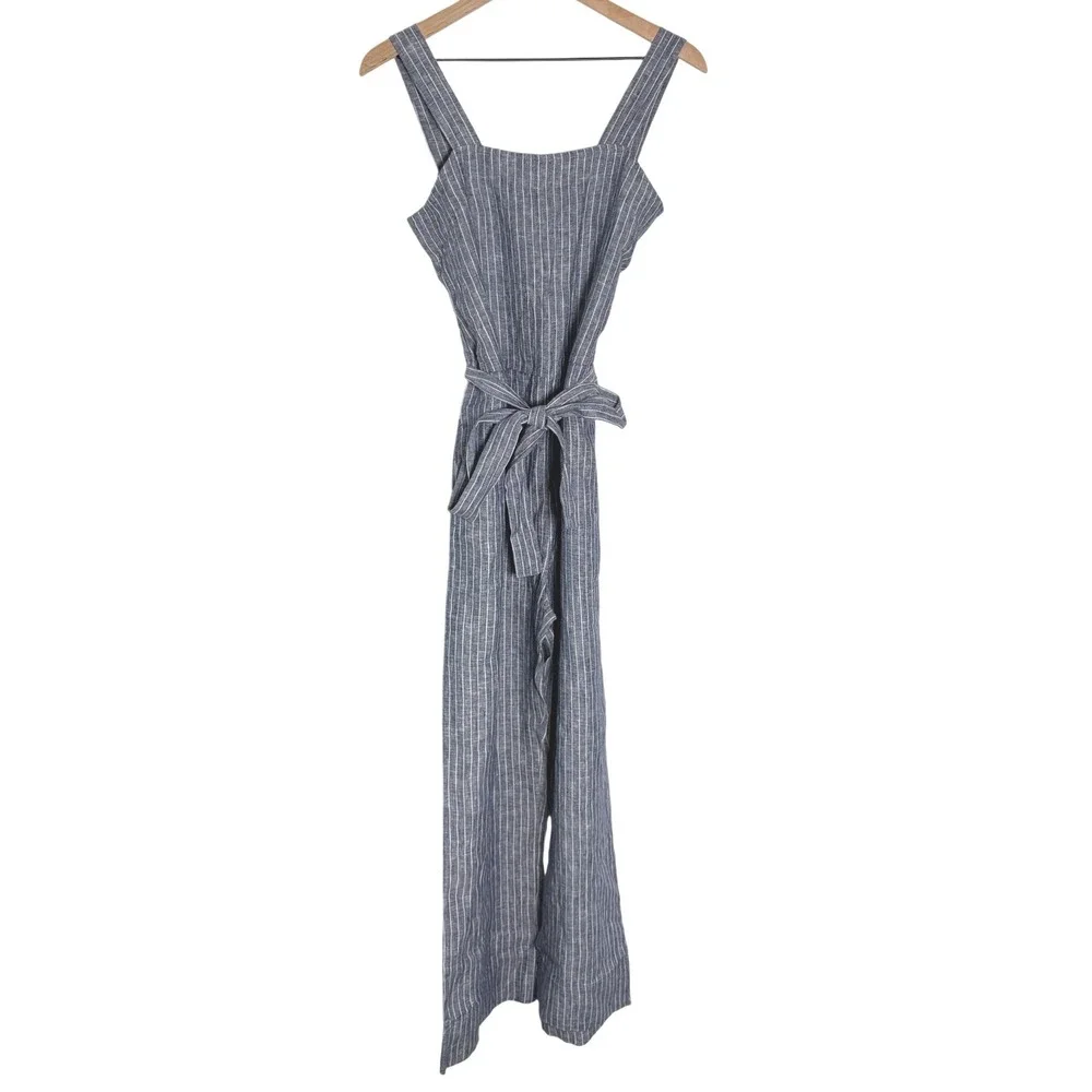 Quince Linen Wide Leg Jumpsuit Blue White Pinstripe Sleeveless Belted XS New